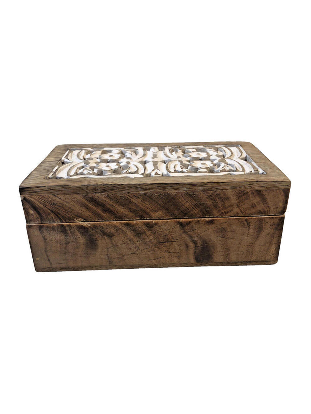 Vintage Wood Carved Floral Inlay Jewelry Trinket Box Hand Made in India